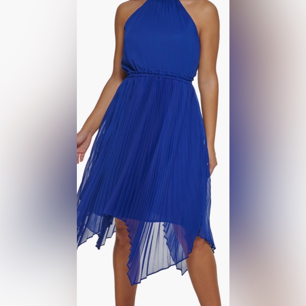 Kensie Cobalt Blue Pleated Handkerchief Hem Fit&Flare Dress